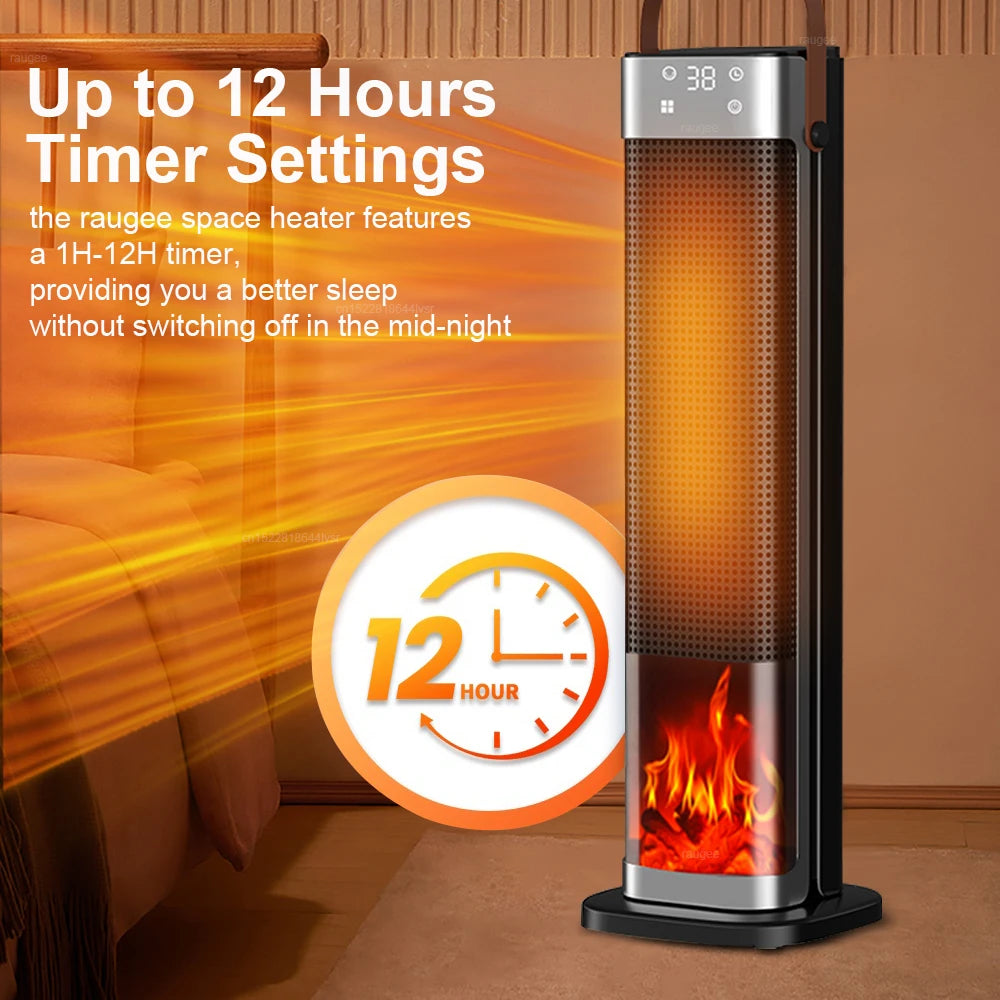 Heizlüfter mit Flammenlicht und Uhrsymbol für die Timer-Funktion im Wohnzimmer