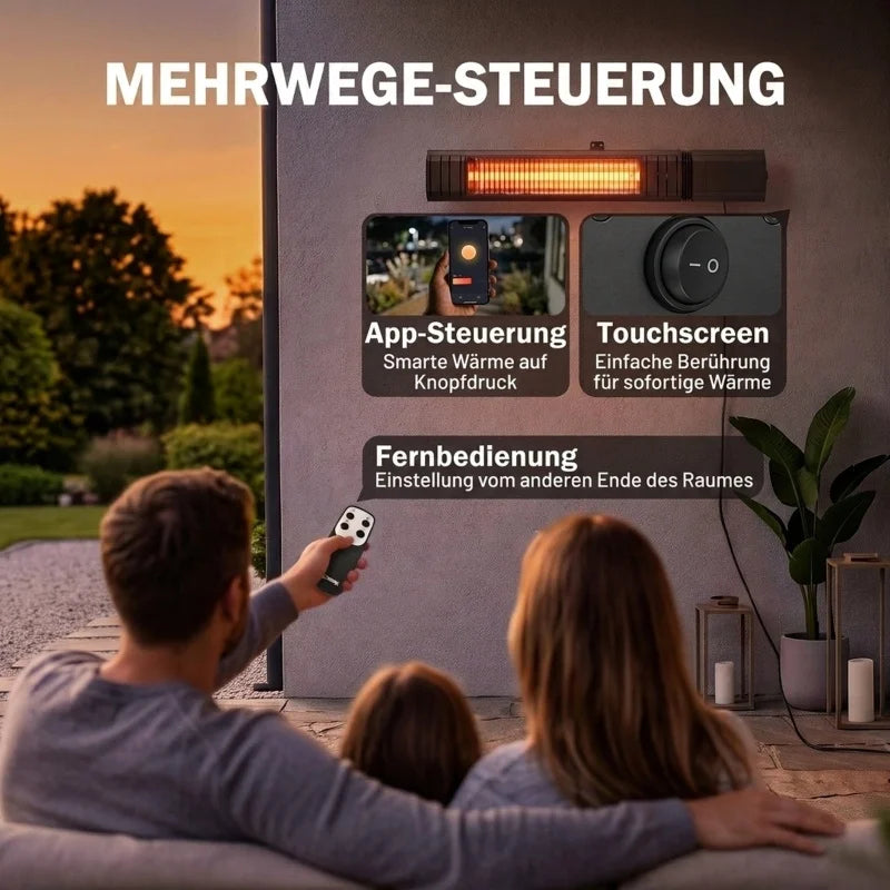 Infografik zur Steuerung des Heizstrahlers per App, Touchscreen und Fernbedienung, Familie im Garten