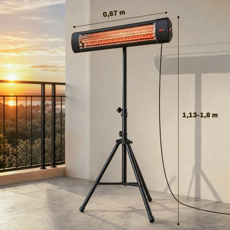 Maßbild des Standstrahlers auf dem Balkon: Heizkopf 0,87 m breit, Stativ 1,13 bis 1,8 m hoch