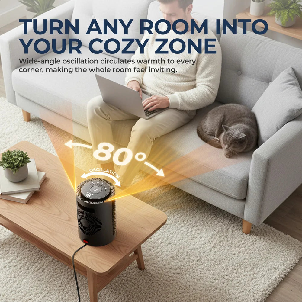 Heizlüfter mit Schwenkfunktion auf einem Holztisch verteilt Wärme im Wohnzimmer