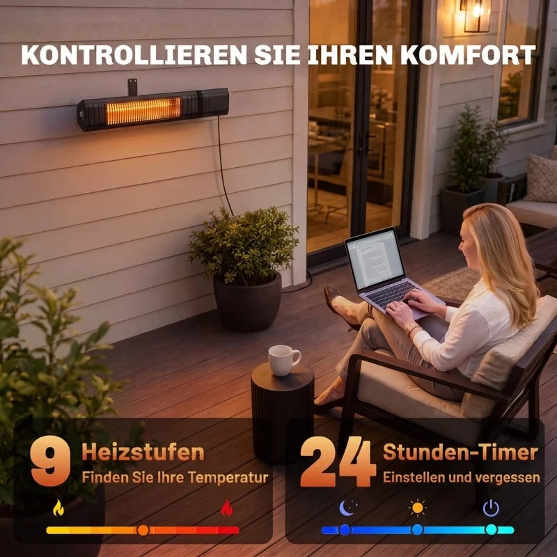 Frau mit Laptop auf der Terrasse unter dem Infrarot-Heizstrahler, Grafik zu Heizstufen und Timer