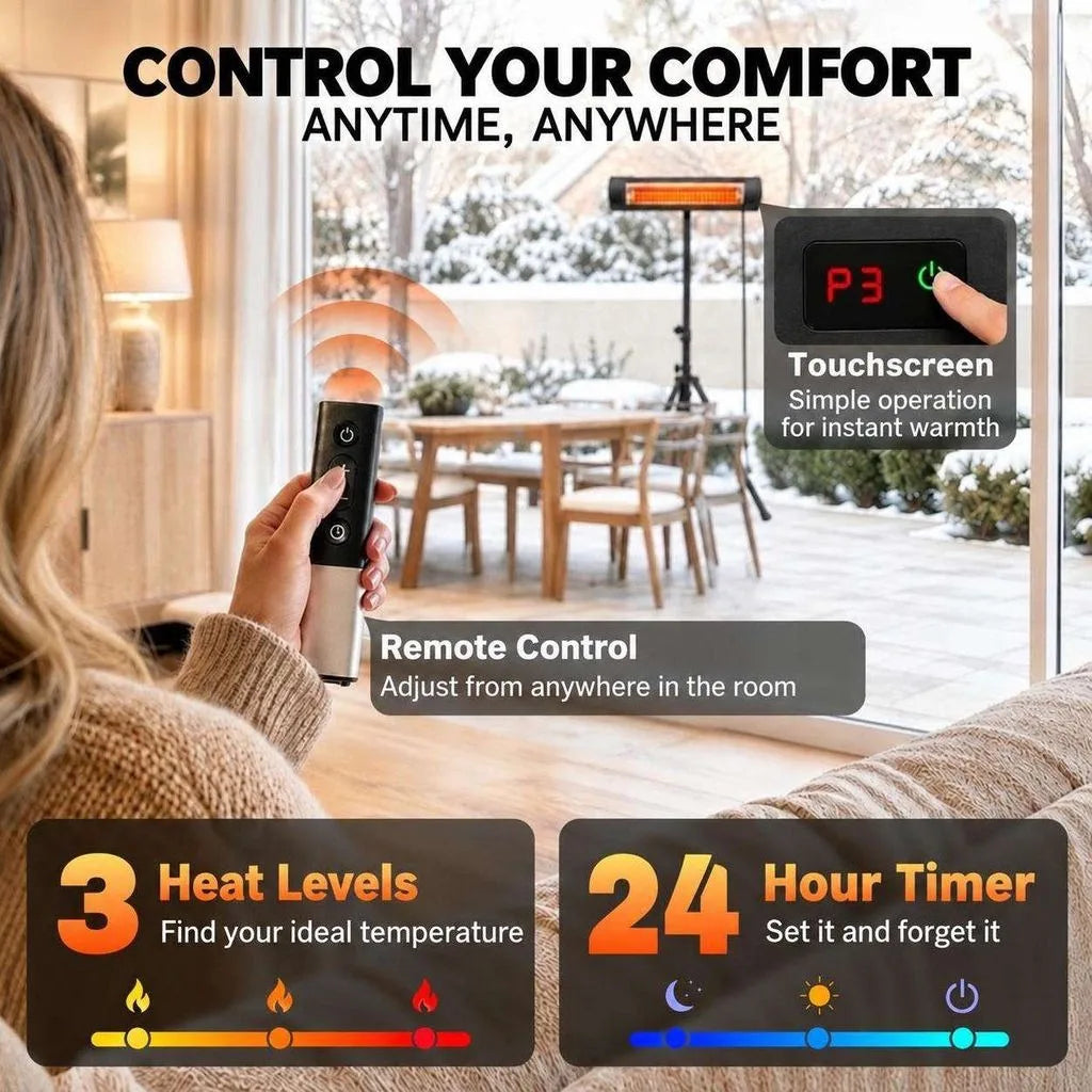 Bedienung des Terrassenheizers per Touchscreen und Fernbedienung, Grafik zu Heizstufen und Timer