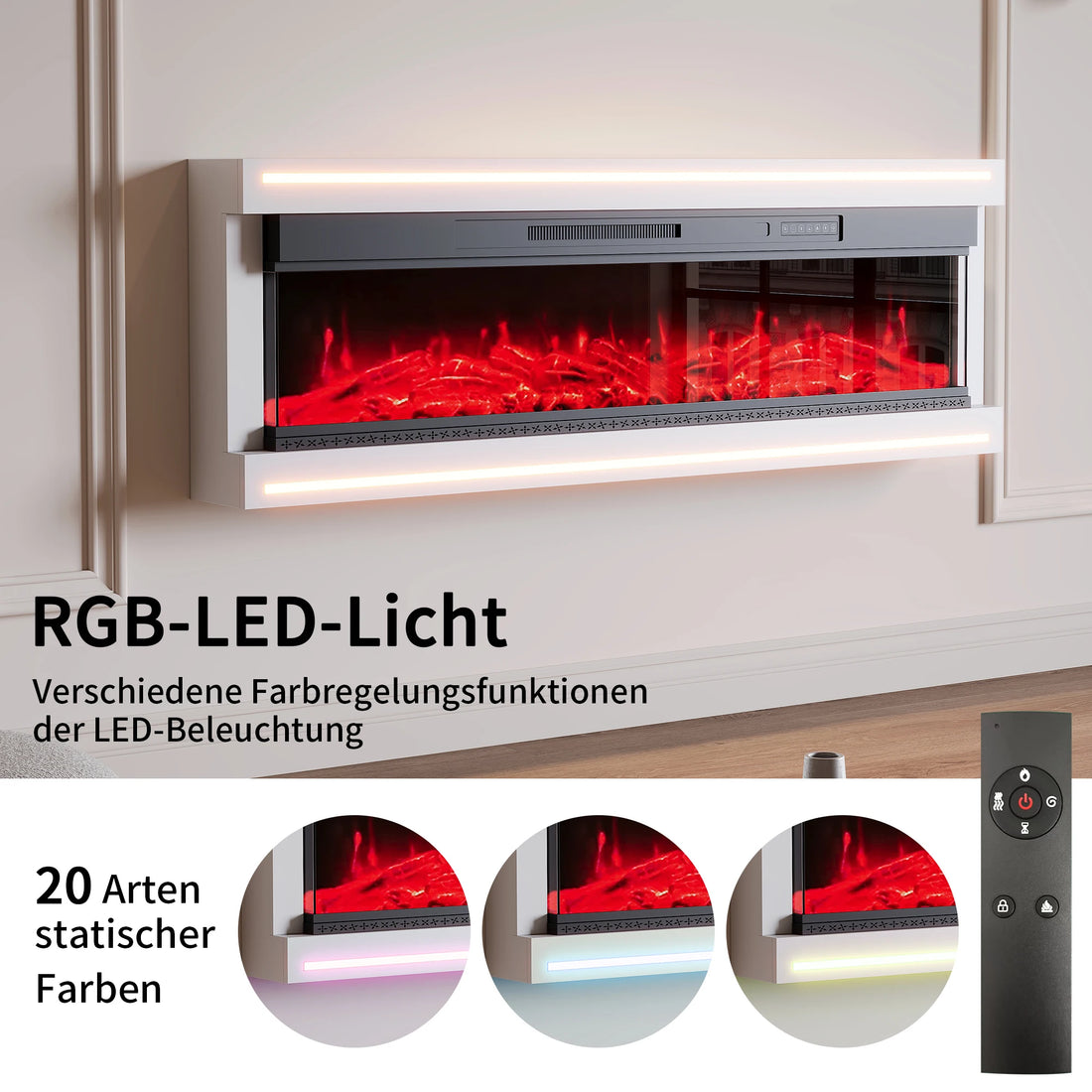 Infografik zum RGB-Licht der weißen Konsole mit Fernbedienung und drei Lichtfarben