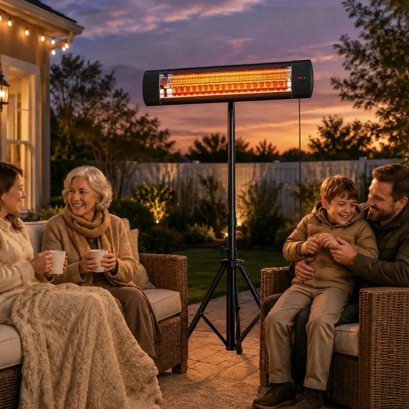 Familie in der Gartenlounge am Abend, daneben der Terrassenheizer auf Stativ mit glühendem Heizrohr