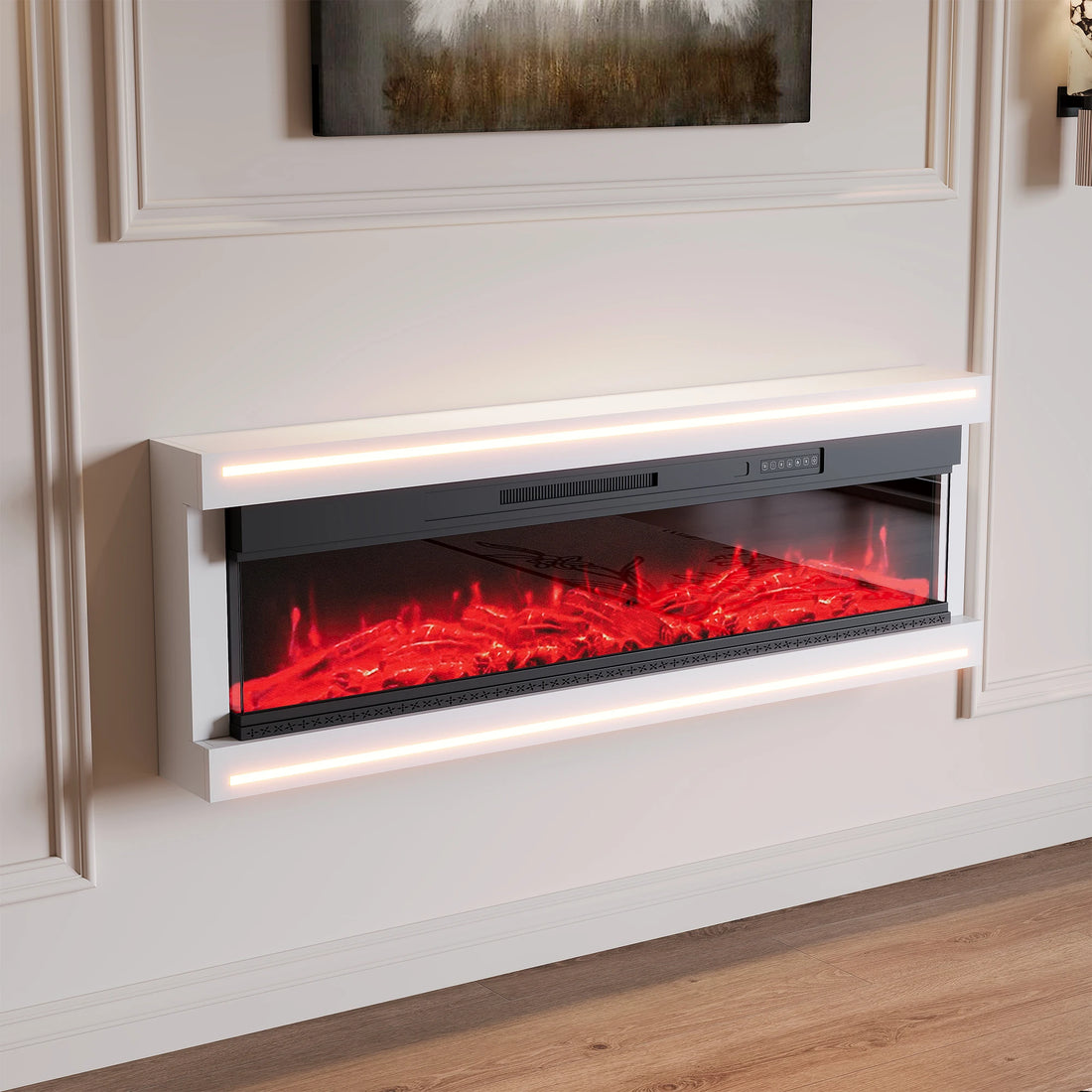 Elektrokamin in Weiß Hochglanz an hellem Wandpaneel mit roter LED-Flamme und Lichtleiste
