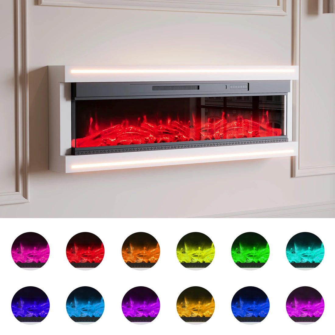 Wandkamin mit roter Flamme, darunter zwölf runde Farbbeispiele der LED-Flammen
