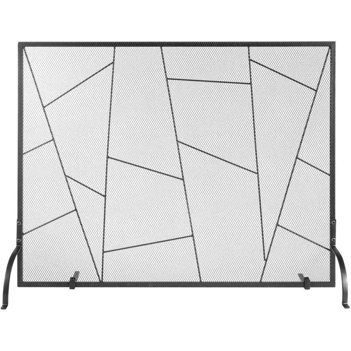 Kaminschutzgitter aus schwarzem Eisen mit geometrischem Linienmuster, Frontansicht als Freisteller