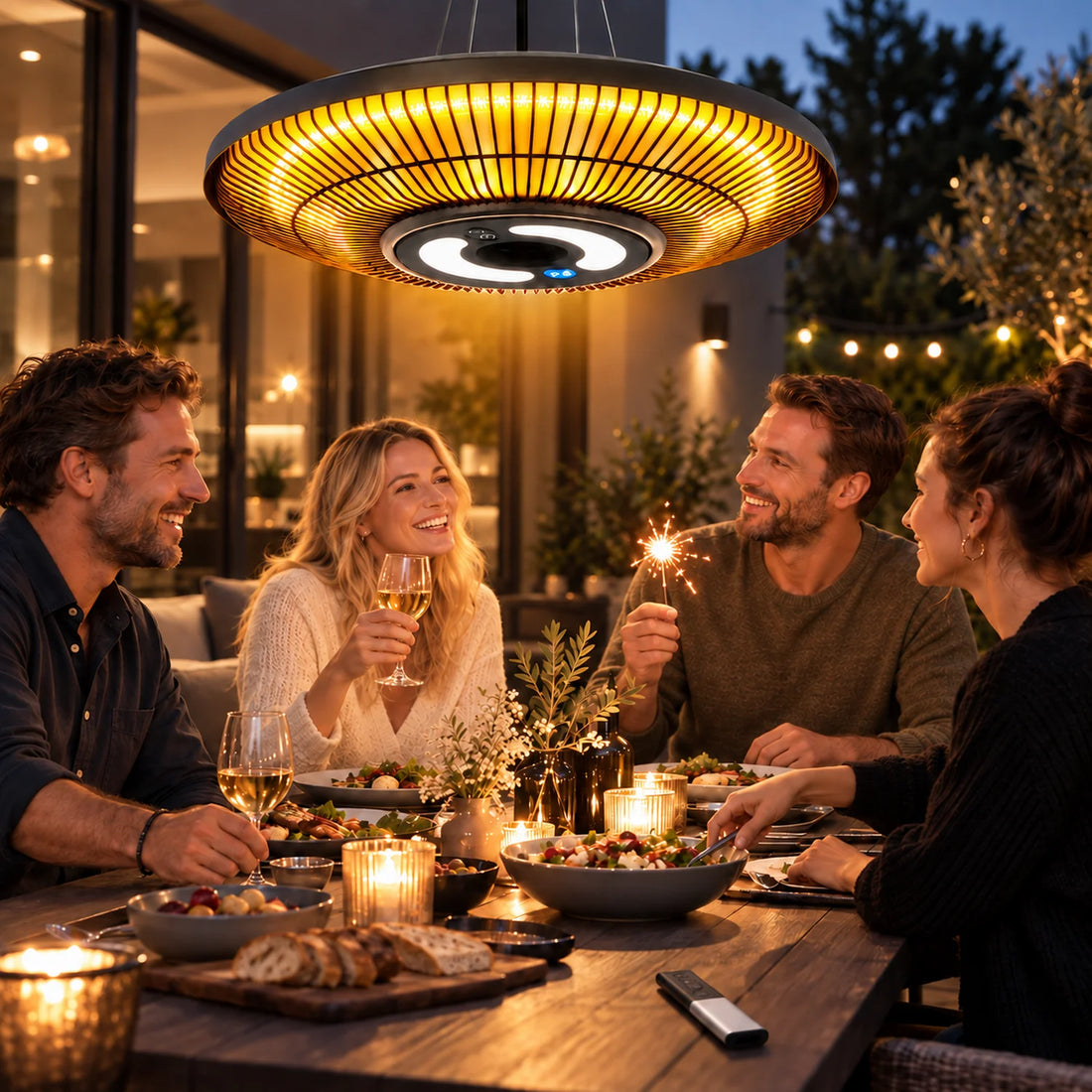 Freunde essen abends auf der Terrasse, über dem Tisch hängt der runde Heizstrahler mit Licht
