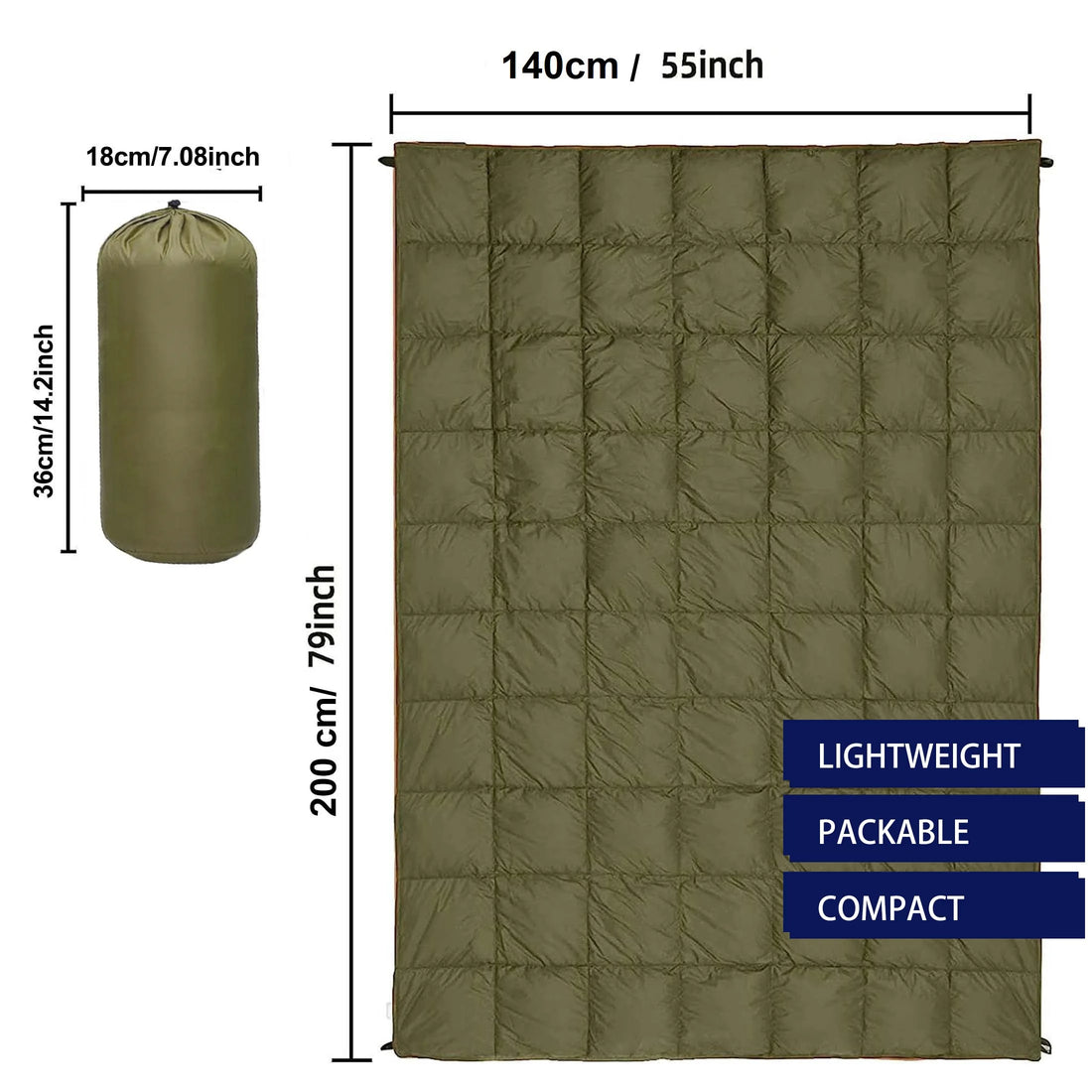 Maßskizze der ausgebreiteten Outdoor-Steppdecke mit zusammengerollter Packtasche