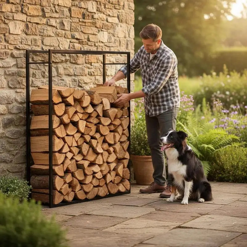 Brennholzregal außen aus Stahl voller Holzscheite an einer Steinmauer im Garten, Mann mit Hund