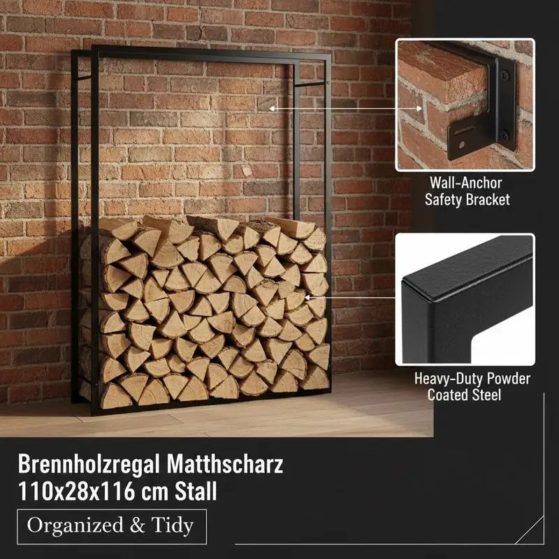 Brennholzregal mit gestapeltem Holz vor Ziegelwand, Detailansichten von Wandhalter und Rahmenprofil