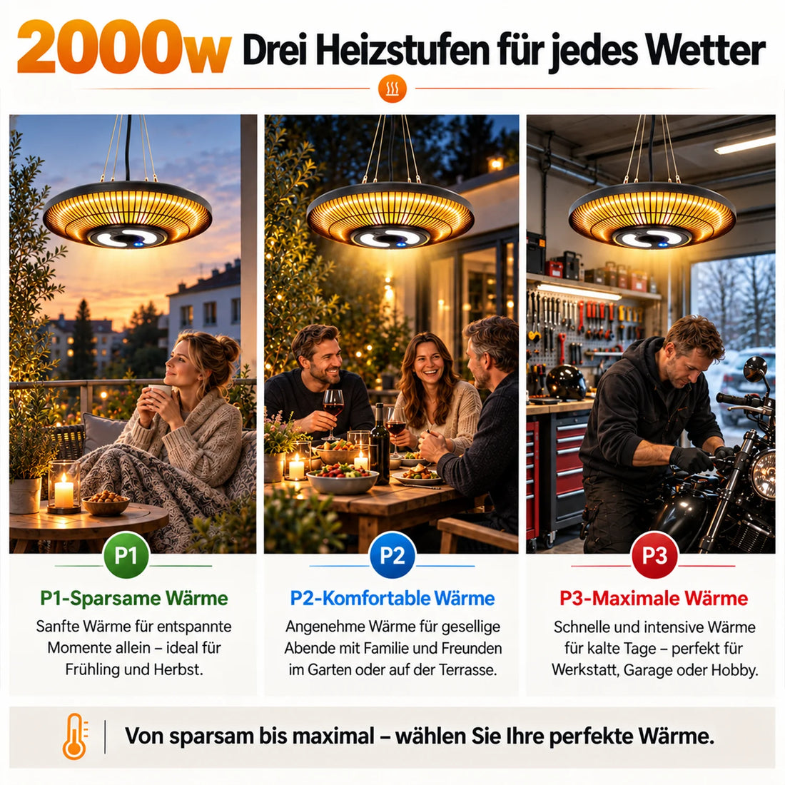Drei Heizstufen des Heizstrahlers mit LED in drei Szenen: Balkon, Abendessen im Garten und Werkstatt