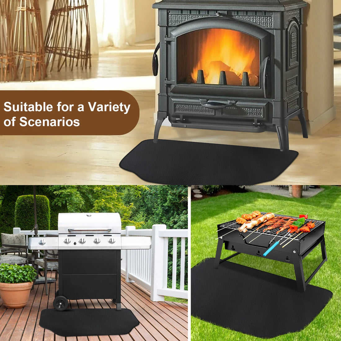Kaminmatte vor einem Ofen sowie unter einem Gasgrill auf der Terrasse und einem Holzkohlegrill