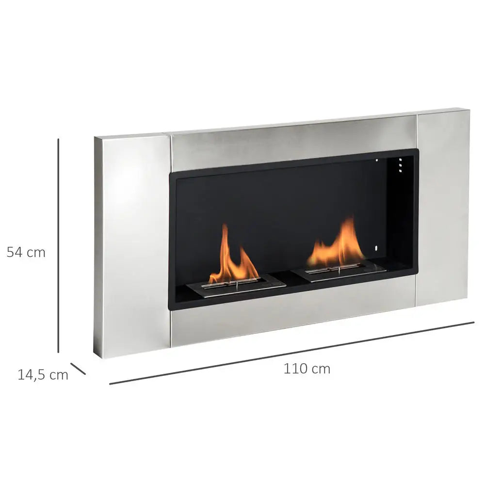 Maßzeichnung des Edelstahl-Einbaukamins: 110 cm breit, 54 cm hoch, 14,5 cm tief
