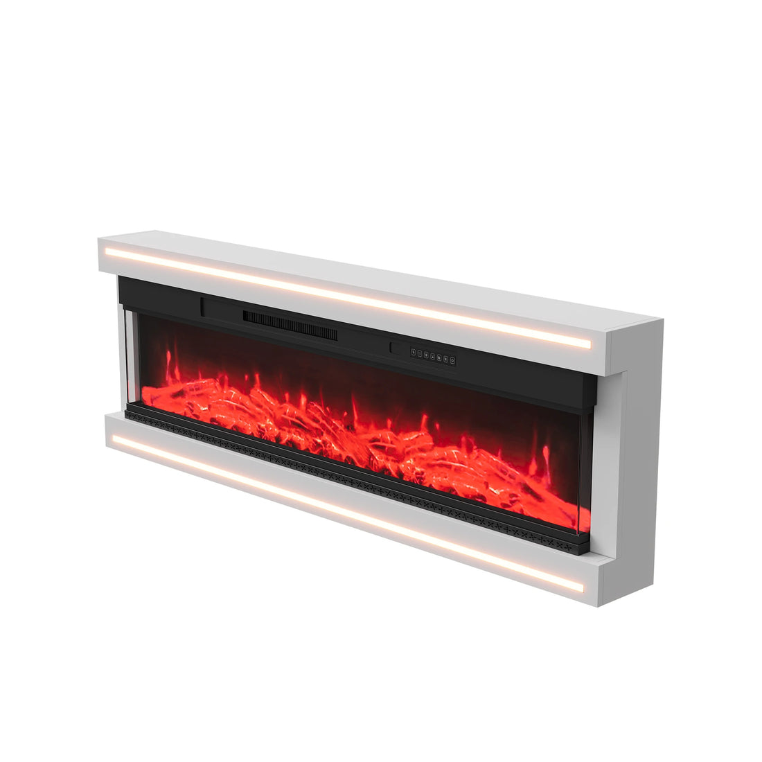 Seitenansicht der Kaminkonsole mit breitem Flammenfenster vor weißem Hintergrund