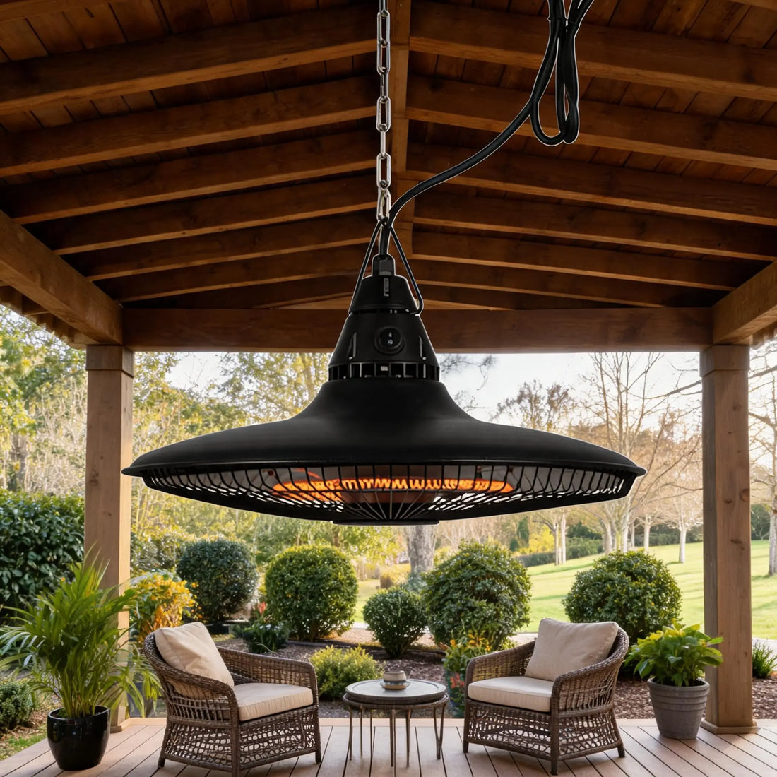 Heizstrahler hängt an einer Kette unter einer Holzpergola über einer Rattan-Sitzgruppe im grünen Garten