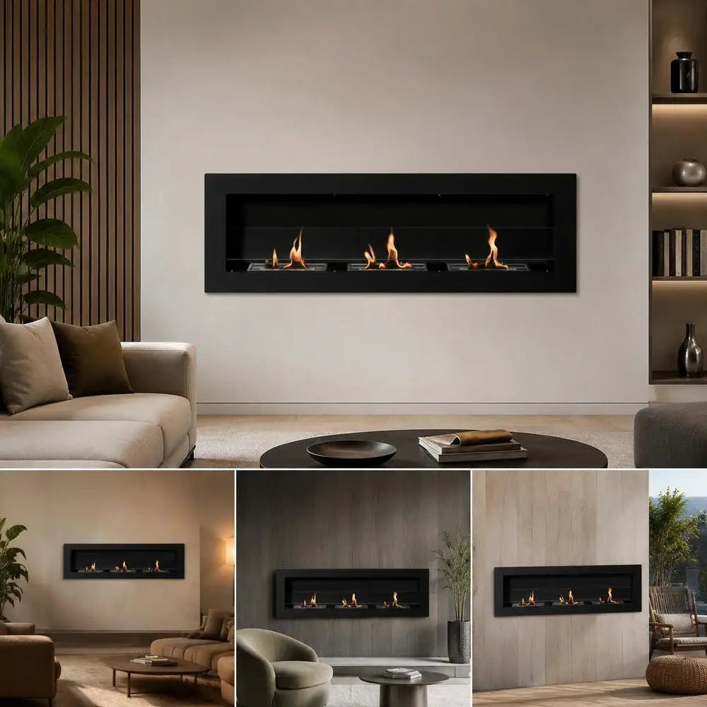 Ethanol-Kamin mit 120 cm Breite an heller Wand hinter rundem Couchtisch, darunter drei kleine Raumbeispiele