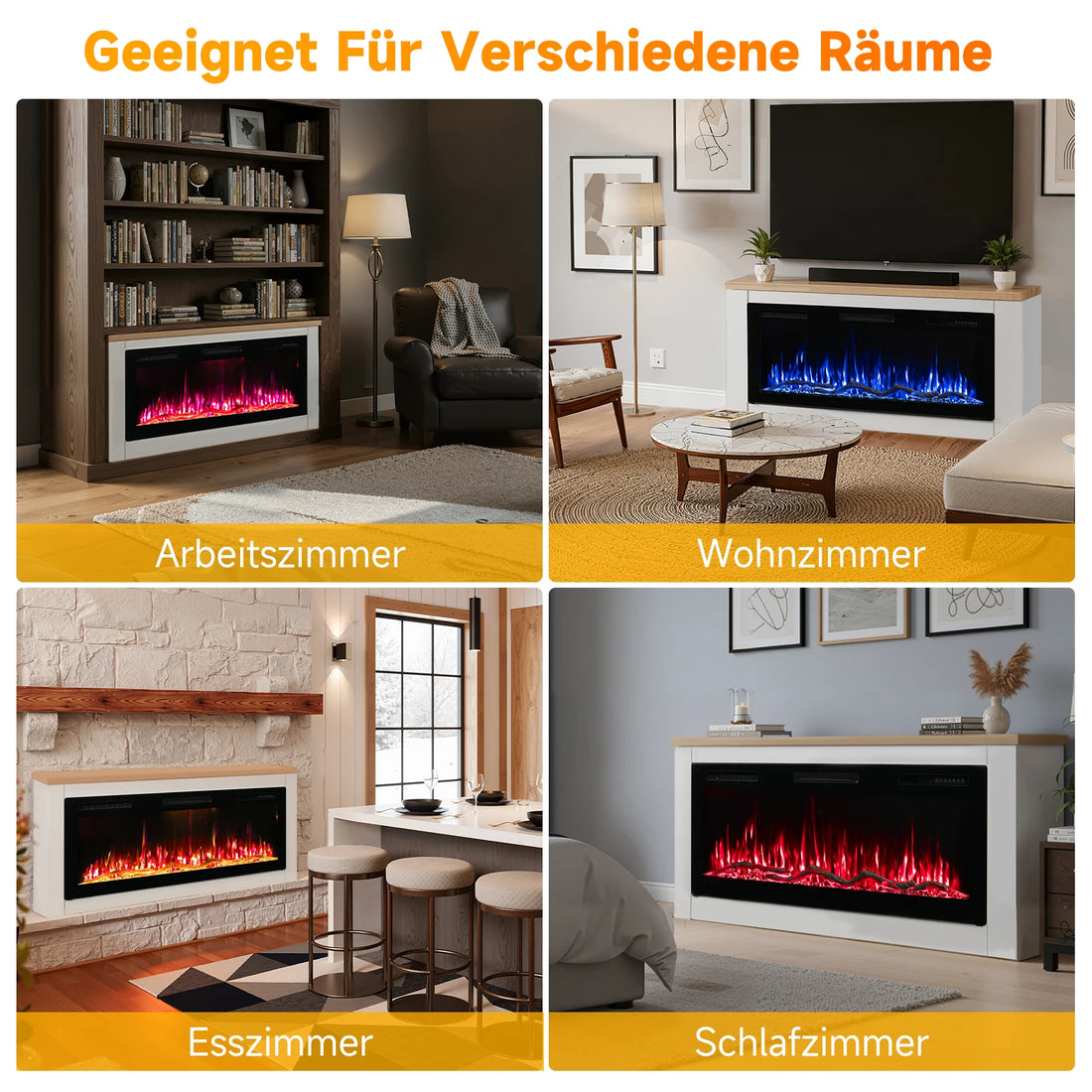 Vier Raumbeispiele mit Kaminkonsole: Arbeitszimmer, Wohnzimmer, Esszimmer und Schlafzimmer