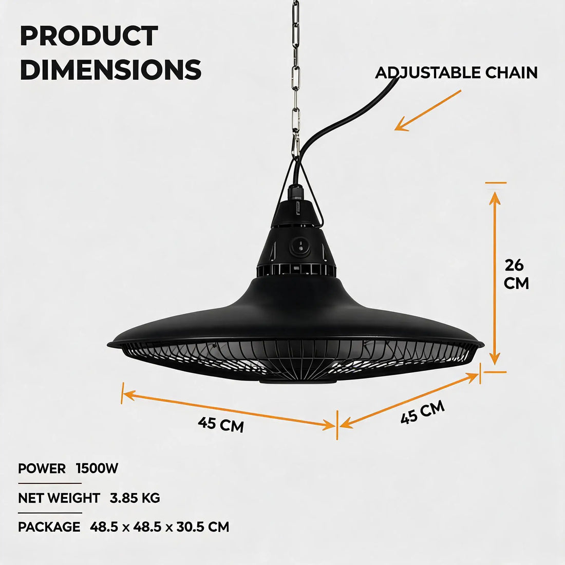 Maßbild des hängenden Heizstrahlers mit 45 cm Durchmesser, 26 cm Höhe und verstellbarer Kette
