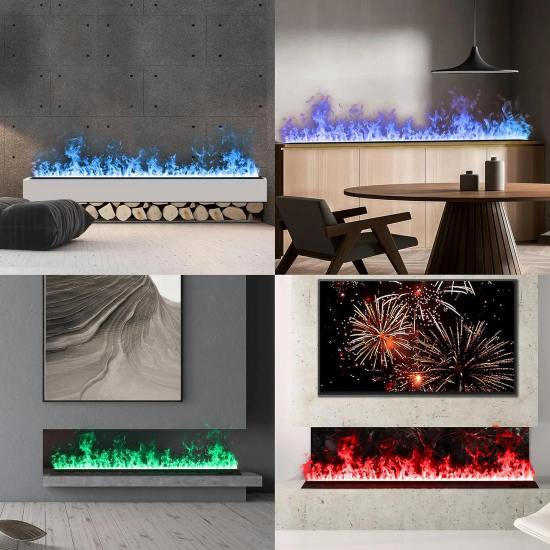 Vier Wohnräume mit eingebautem Elektrokamin, Flammen in Blau, Grün und Rot unter Bild, Tisch und Fernseher