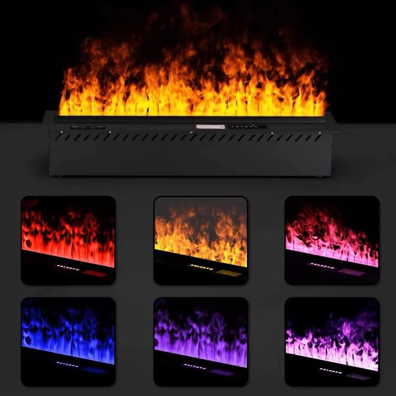 Elektrokamin-Kassette mit orangefarbener 3D-Flamme, darunter sechs Flammenfarben von Rot bis Lila