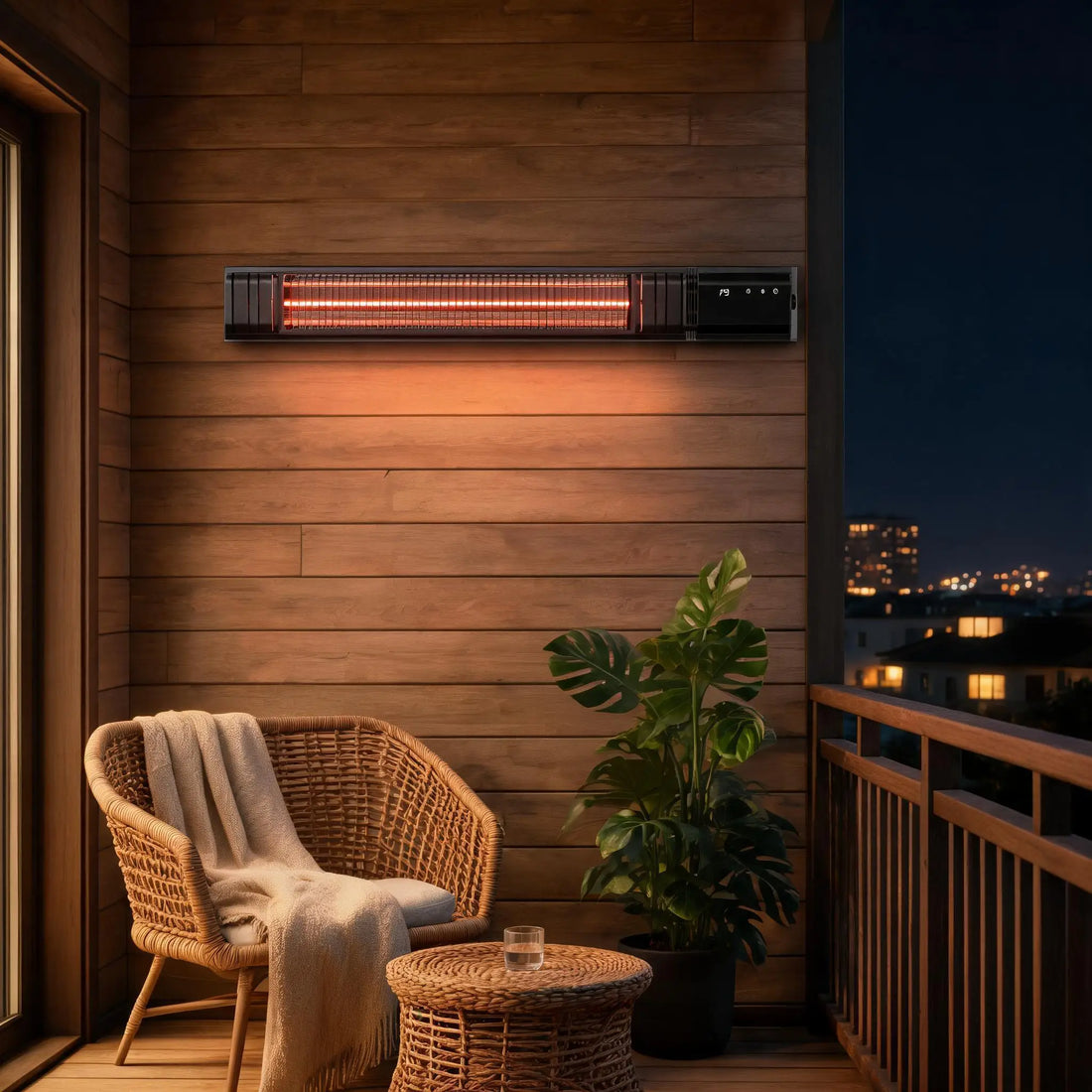 Wandstrahler glüht über einem Rattansessel auf einem Balkon mit Holzverkleidung und Pflanze am Abend