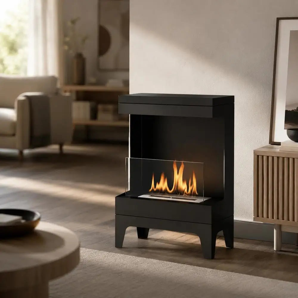 Bioethanol-Kamin in Schwarz mit Glas-Flammenschutz auf dem Boden eines hellen Wohnzimmers
