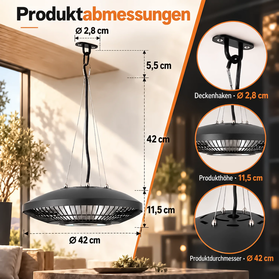 Maßbild des Terrassenheizers mit Kette und Deckenhaken, 42 cm Durchmesser und 11,5 cm Höhe