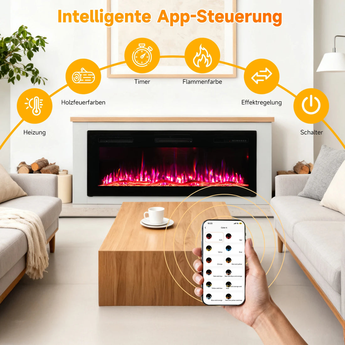 Standkamin in Weiß zwischen Sofas mit Holz-Couchtisch, Hand hält Smartphone zur Steuerung