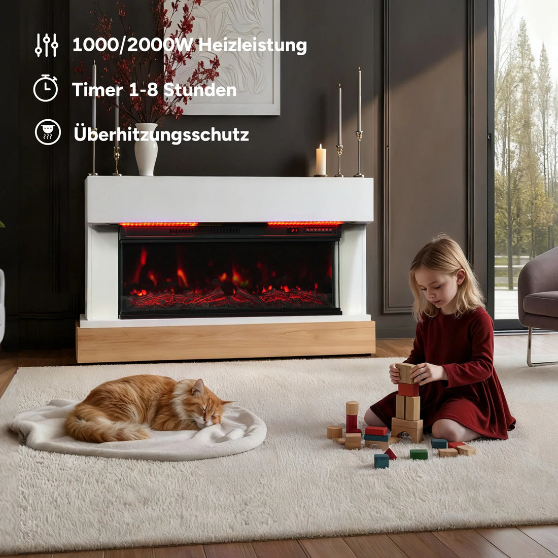 Elektrokamin mit Konsole hinter spielendem Kind und Katze auf hellem Teppich