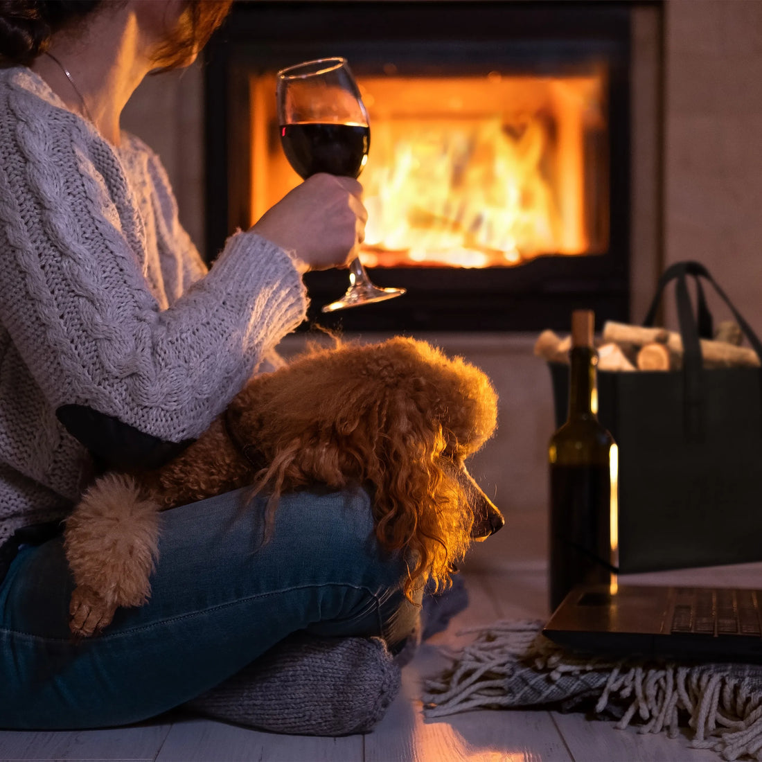 Frau mit Weinglas und Hund vor dem Kamin, daneben der Filzkorb mit Kaminholz