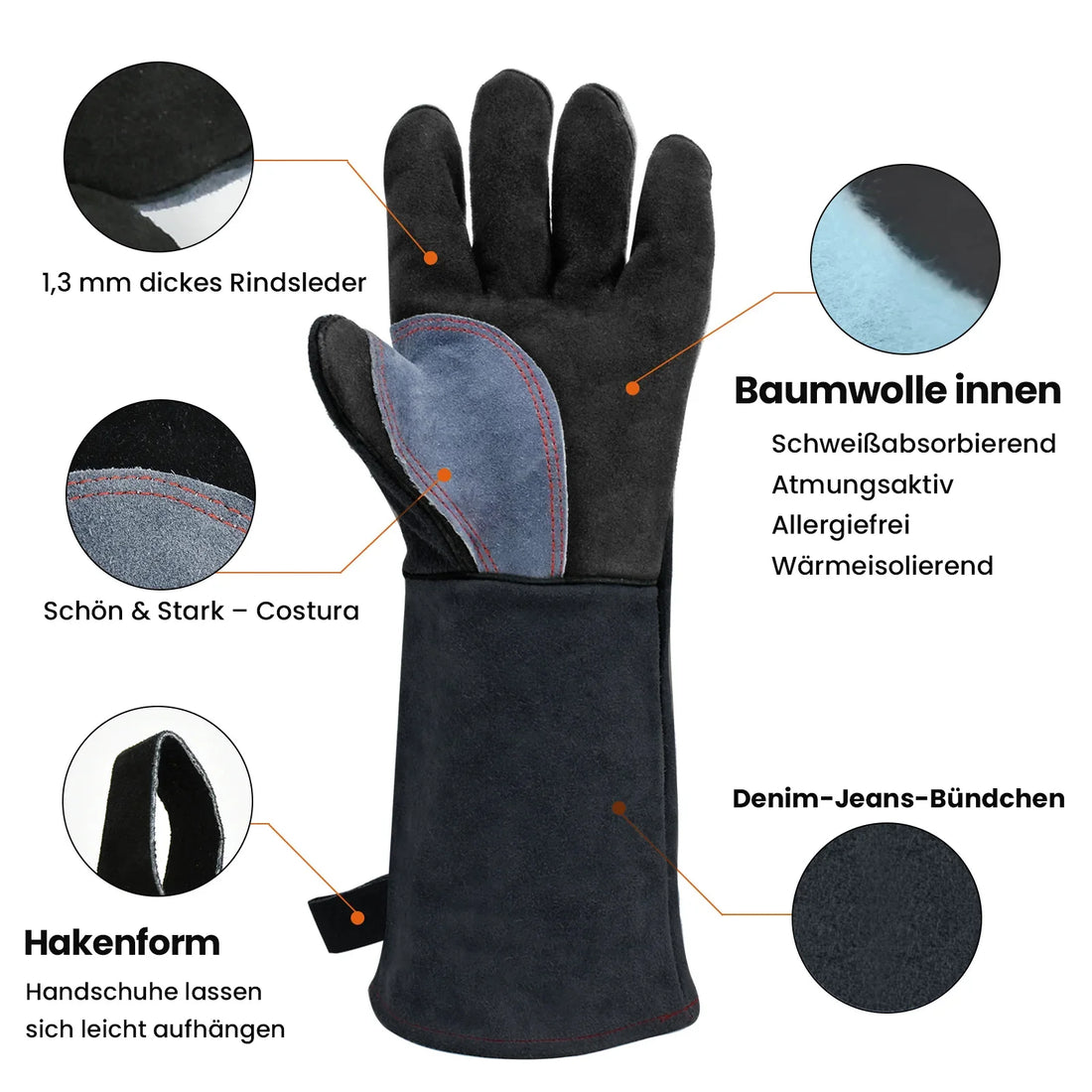 Langer Lederhandschuh für den Kamin mit Detailausschnitten von Leder, Innenfutter und Bündchen