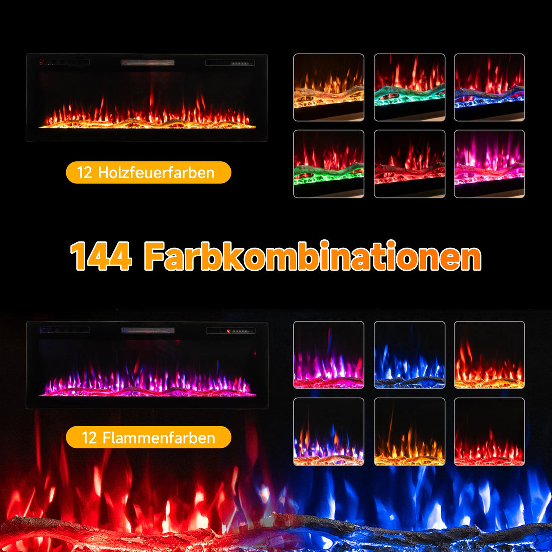 Zusammenstellung der Flammen- und Holzfarben des 3D-Elektrokamins in Rot, Blau und Gold