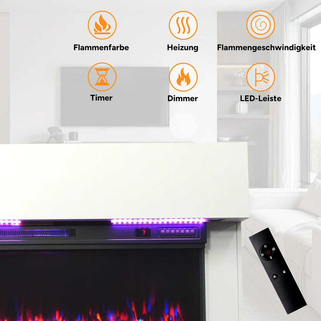Detail der LED-Leiste und Fernbedienung der weißen Kaminkonsole mit Funktionssymbolen