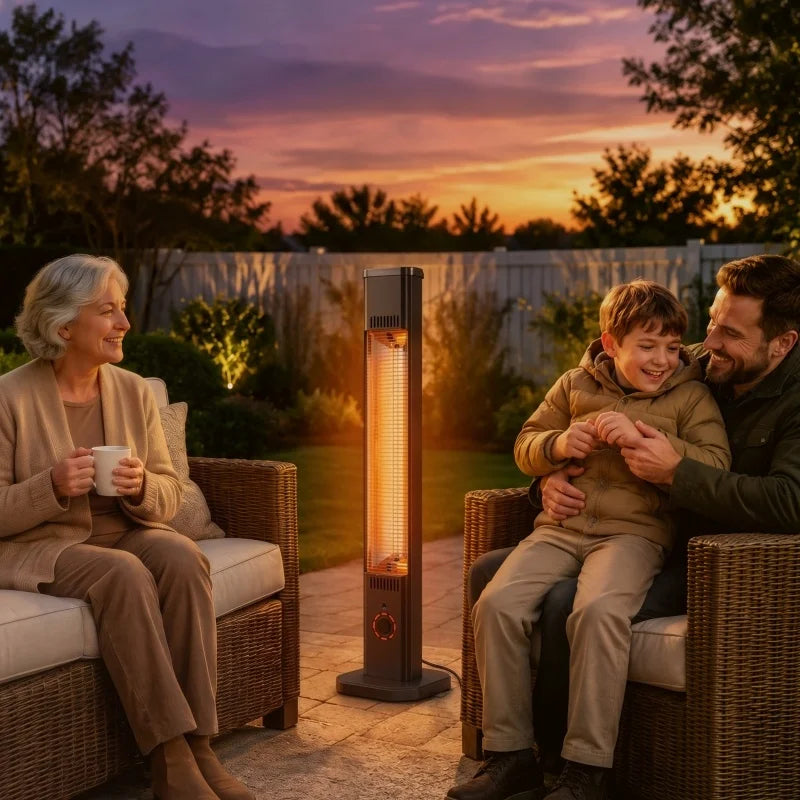 Säulenstrahler steht neben Großmutter, Vater und Kind in der Gartenlounge bei Sonnenuntergang