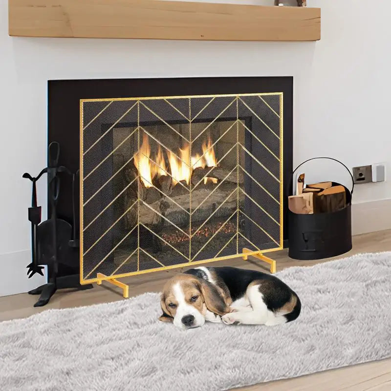 Kamingitter in Gold vor einem offenen Kamin mit Feuer, davor schläft ein Hund auf hellem Teppich