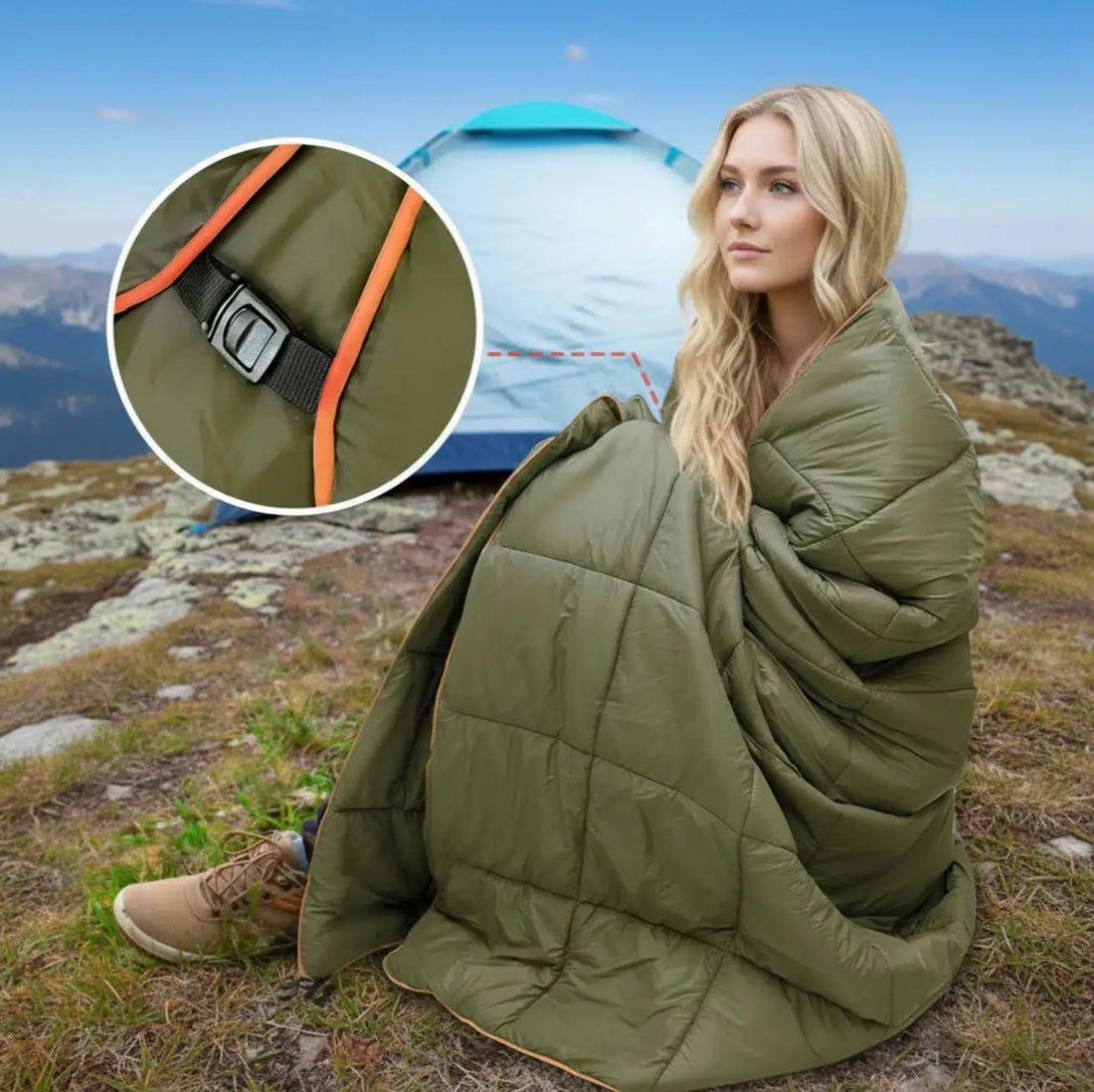 Frau sitzt in die olivgrüne Campingdecke gehüllt vor einem Zelt, Detail der Schnalle