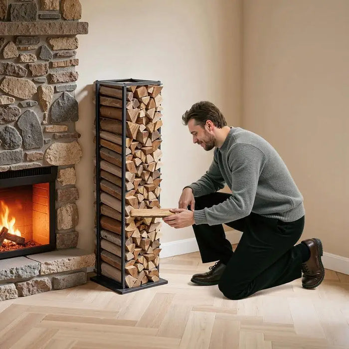 Schmales hohes Kaminholzregal aus Stahl voller Brennholz neben einem Kamin mit Natursteinwand