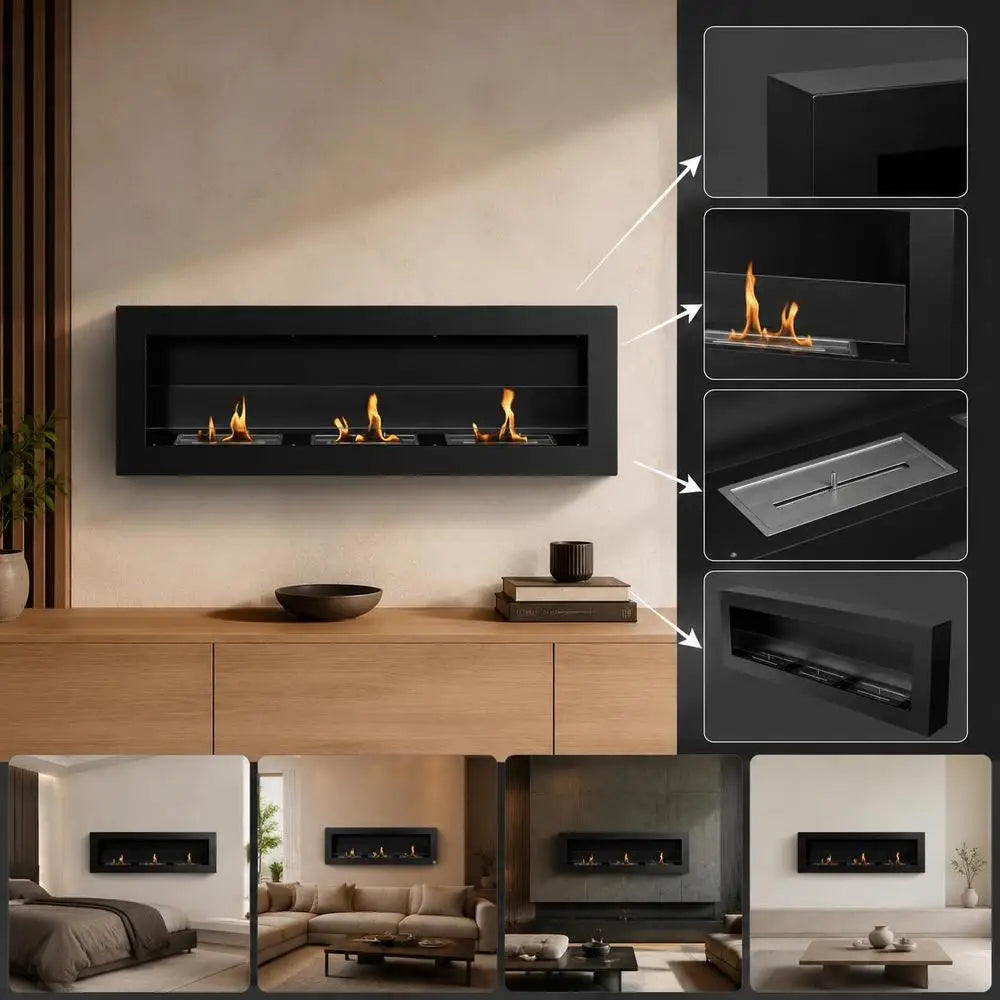Schwarzer Einbaukamin über Holz-Sideboard mit Detailpfeilen zu Rahmen, Brennern und Korpus