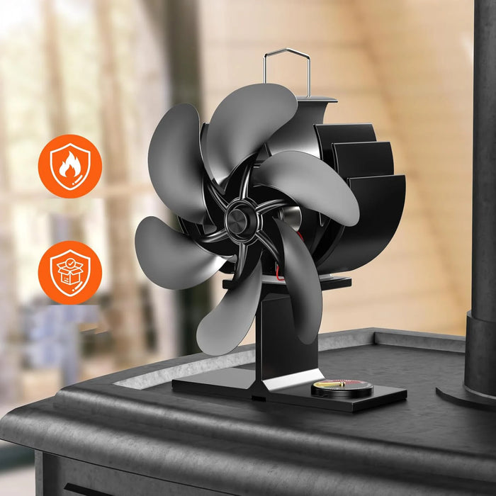 Ofenventilator mit sechs schwarzen Flügeln auf einem Kaminofen, Thermometer im Sockel