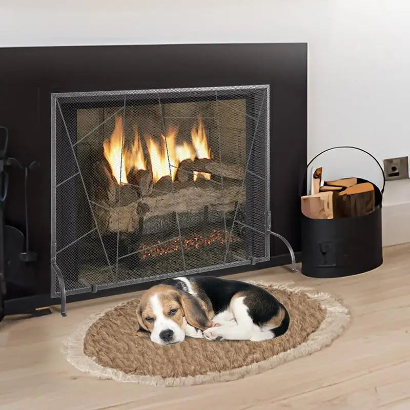 Kamingitter aus Eisen vor einem offenen Kamin mit Feuer, davor schläft ein Hund auf einem Kissen