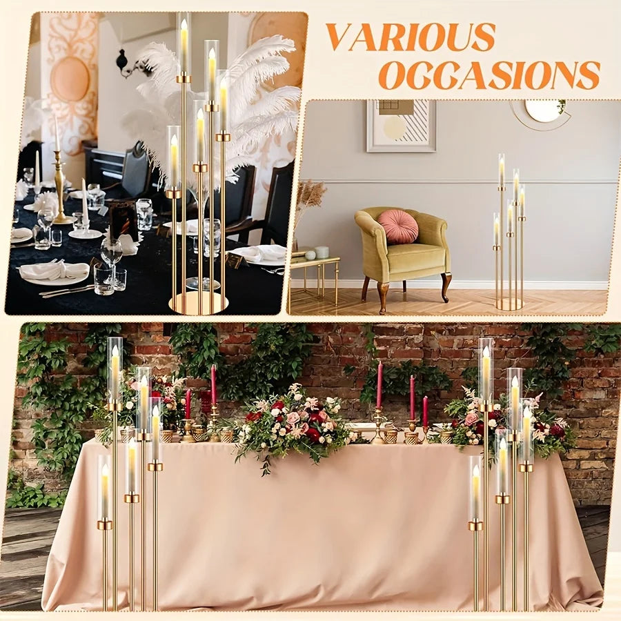 Collage mit goldenen Kandelabern an festlich gedeckten Tischen und im Salon