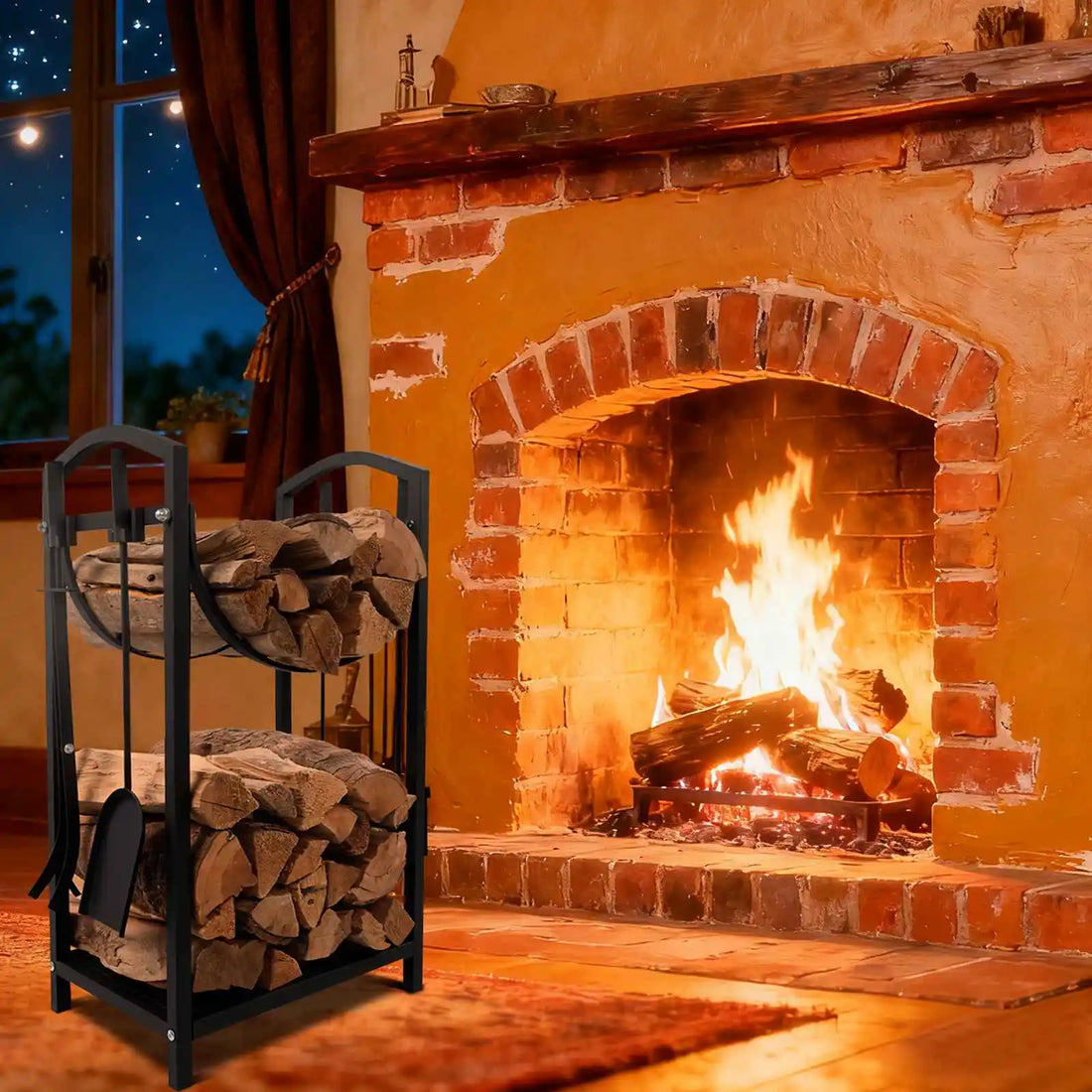 Brennholzregal mit Holzscheiten und Kaminbesteck vor einem offenen Kamin mit gemauertem Bogen