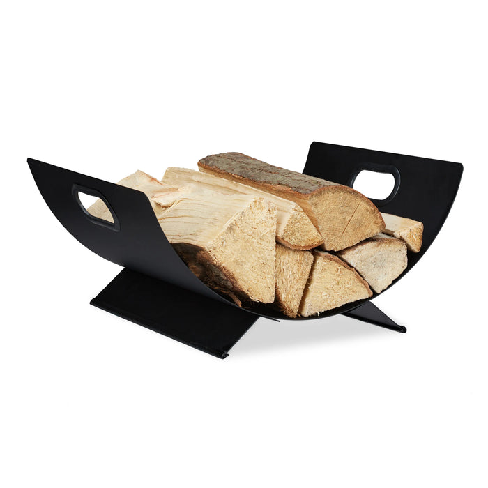 Halbrunder Kaminholzkorb aus schwarzem Stahl mit Holzscheiten, Freisteller