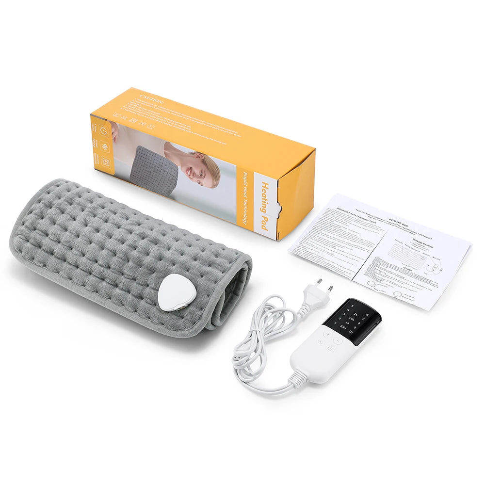 Gerolltes Heizkissen mit Handregler, Euro-Stecker, Verpackung und Anleitung