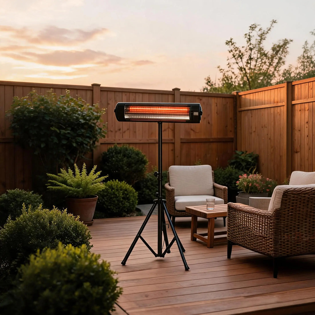 Terrasse mit Holzzaun, Sesseln und Pflanzen in der Dämmerung, Standstrahler aus Aluminium auf Dreibein