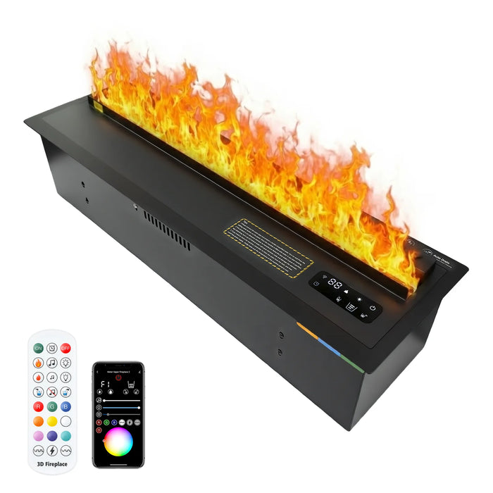 3D-Wasserdampf-Kamin in Schwarz schräg von oben mit Touch-Feld, daneben Fernbedienung und Smartphone mit App