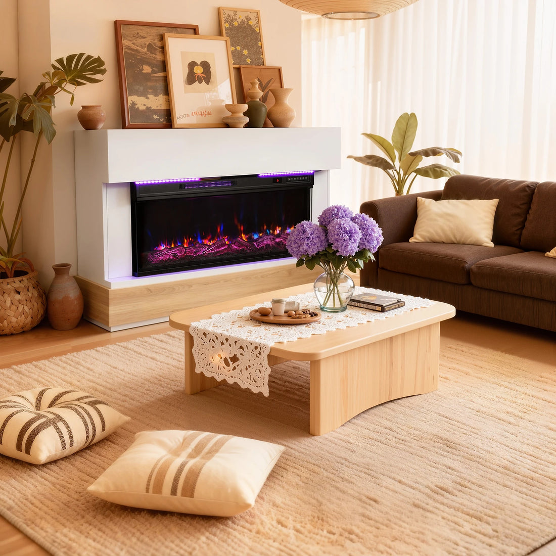 Weiße Konsole mit violetter Flamme im Wohnzimmer mit Couchtisch und Blumen