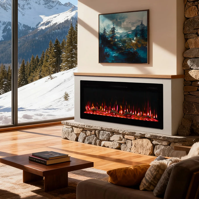 Elektrokamin mit weißer Kaminkonsole und Holzsims in Wohnraum mit Bergblick und Steinwand