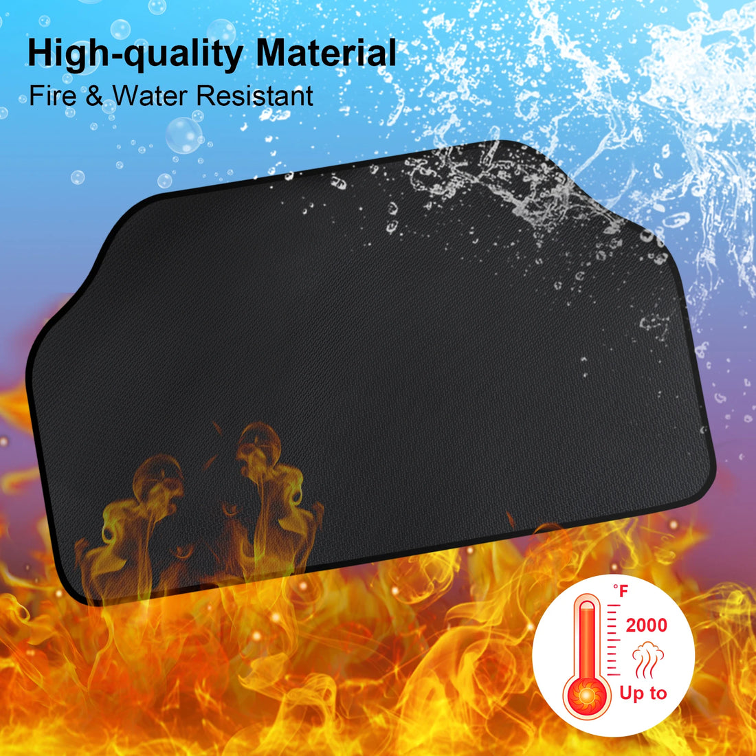 Schwarze Kaminmatte über Flammen und Wasserspritzern als Materialdarstellung